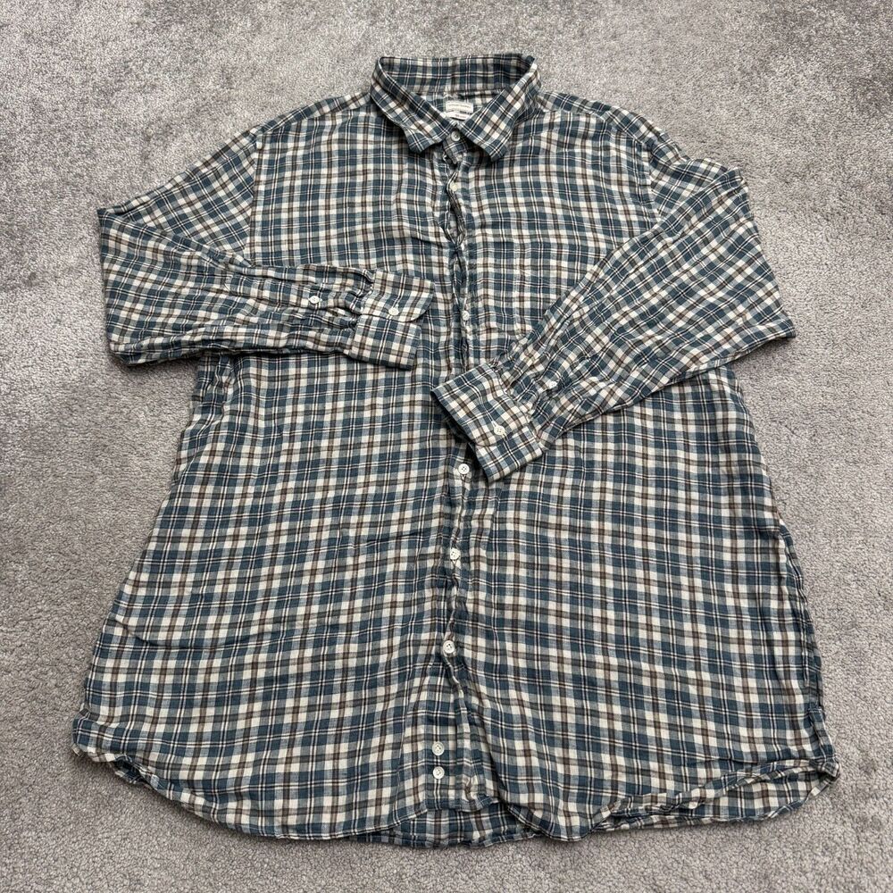Luciano Barbera Linen Plaid Button Down Shirt Mens 3XL Blue Long Sleeve Italy